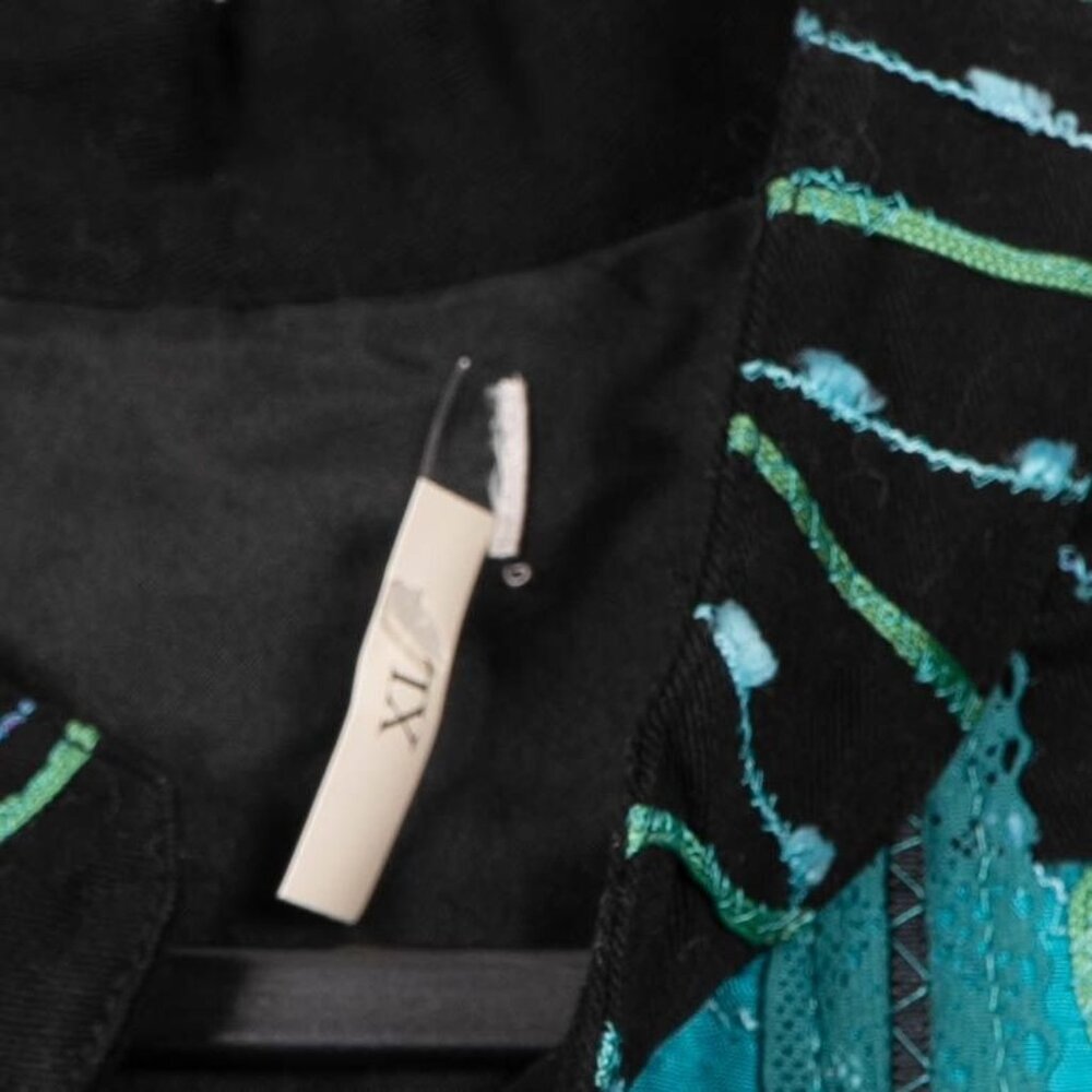 Abstract Crafty Vest XL Black Turquoise Scribbled Stitching Toggles Mandarin - Picture 5 of 6